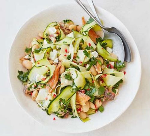 Smoked mackerel courgette butter bean salad with Chilli Garlic parsley Fresh Herb Sea Salt seasoning